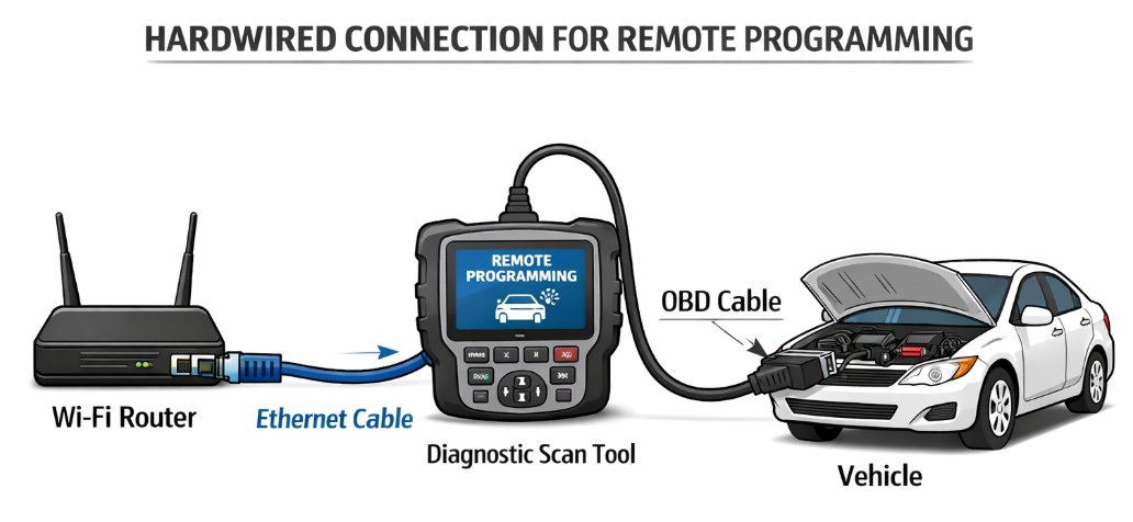 Hardwired Connection for Remote Programming — Wi-Fi Router connected via Ethernet cable to Diagnostic Scan Tool, then OBD cable to Vehicle