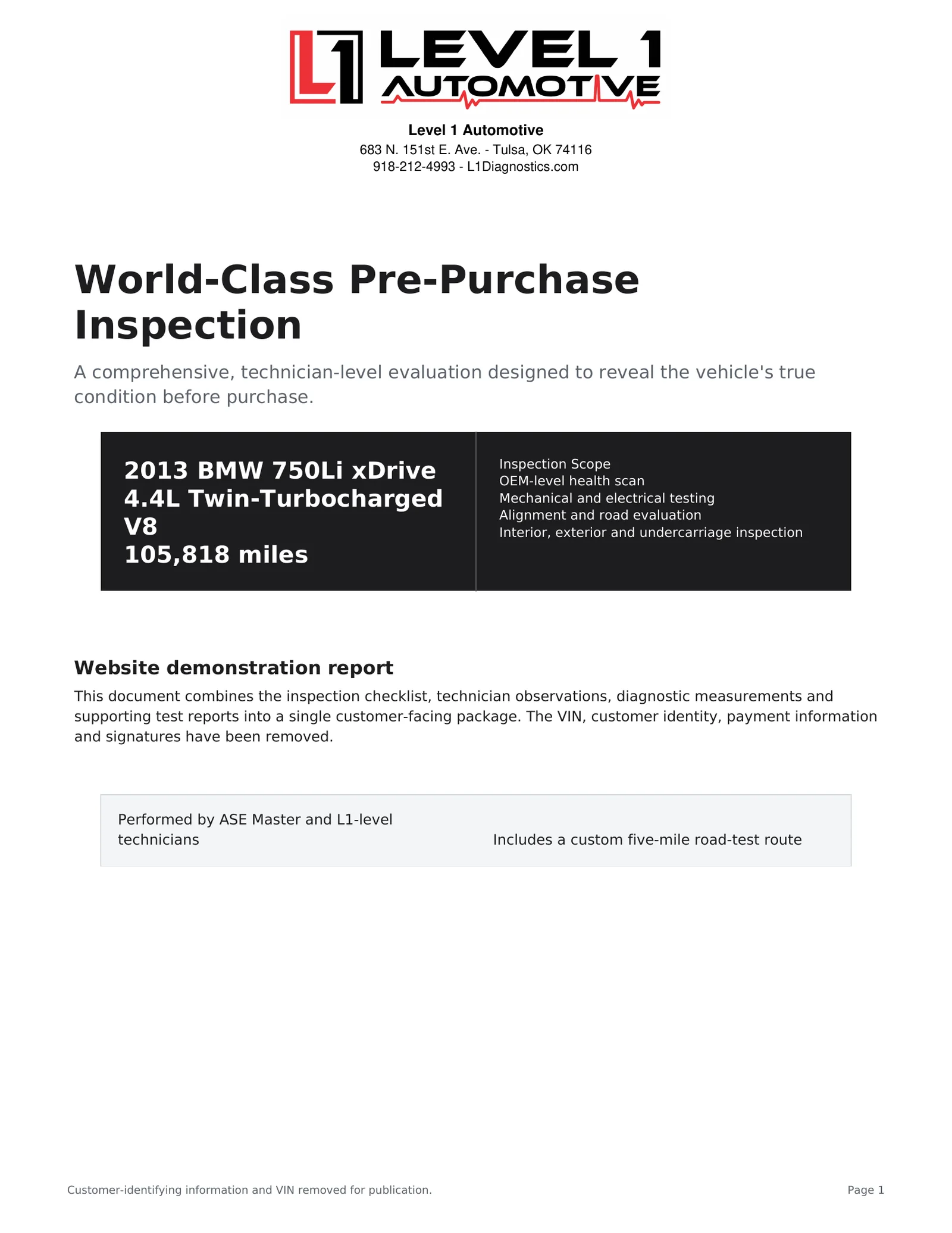 Level 1 Automotive pre-purchase inspection sample - page 1 of 18